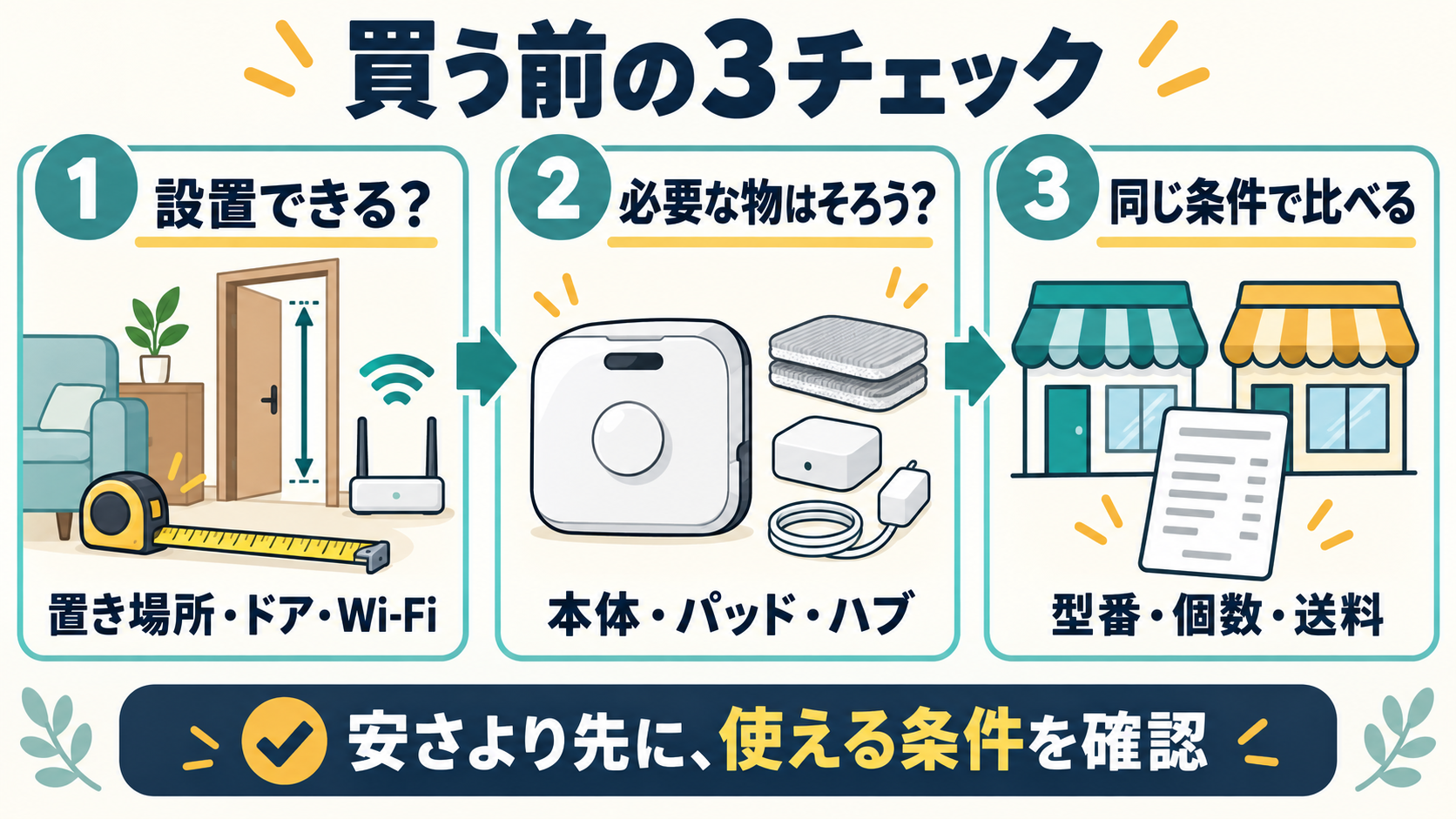 置き場所・ドア・Wi-Fi、必要な付属品、同じ型番・個数・送料を順に確認する購入前の3チェック
