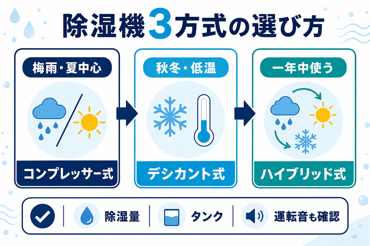 梅雨と夏はコンプレッサー式、秋冬はデシカント式、一年中ならハイブリッド式を選ぶ目安