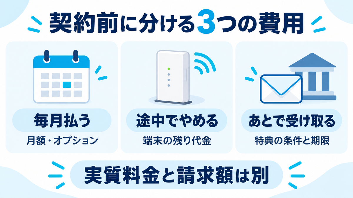 毎月の料金、途中解約時の端末残債、後日受け取る特典を分けて確認する図