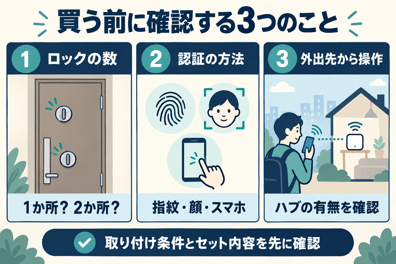 ロックの数、認証方法、外出先からの操作の3点を購入前に確認する図